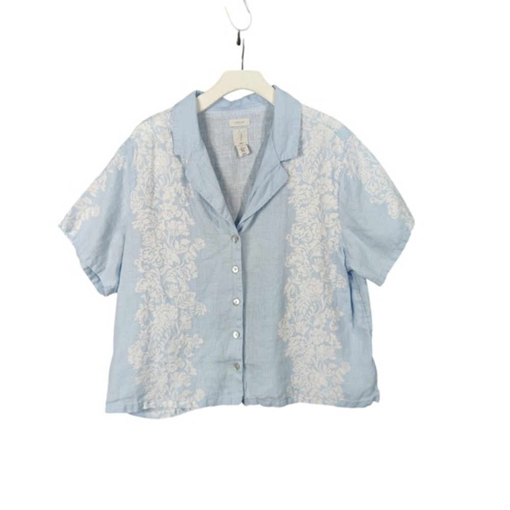 JOIE Womens Coastal Beathable Hawaiian‎ 100% Linen XL Top Blue Button Up Shirt